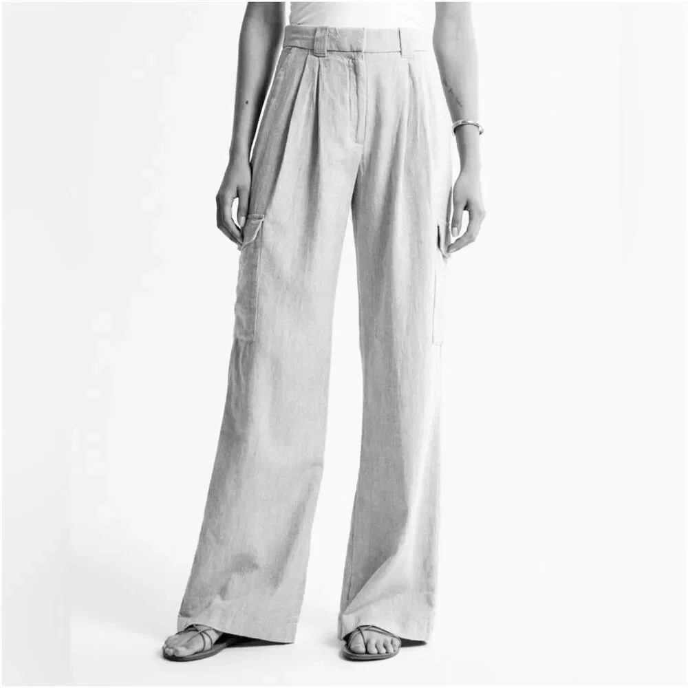 ✨Abercrombie & Fitch Linen-Blend Tailored Ultra Wide-Leg Cargo Sz S Green Pants✨ - Picture 2 of 9